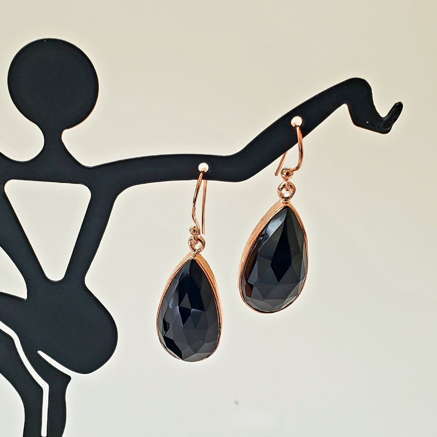 E Earrings, Black Onyx Teardrop, Rose Gold