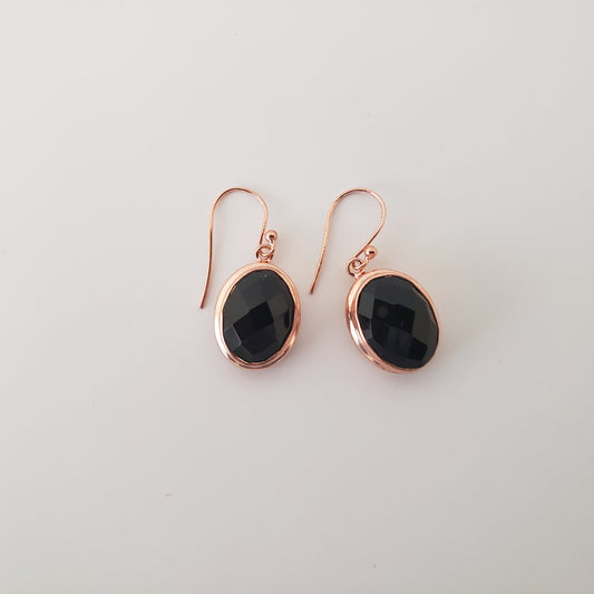 E Earrings Black Onyx Rose Gold Oval Faceted