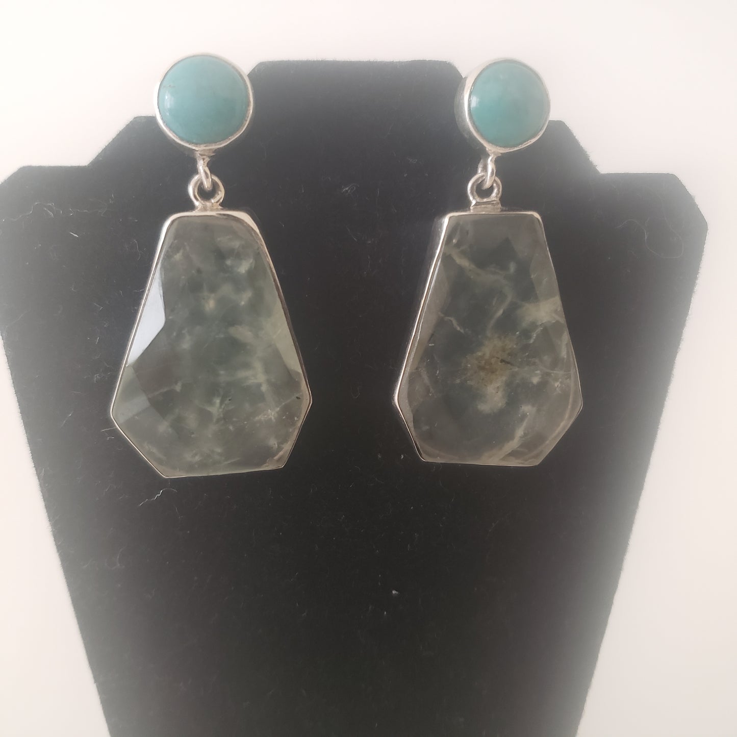 Earrings Post, Turquoise. Prehnite, Sterling Silver