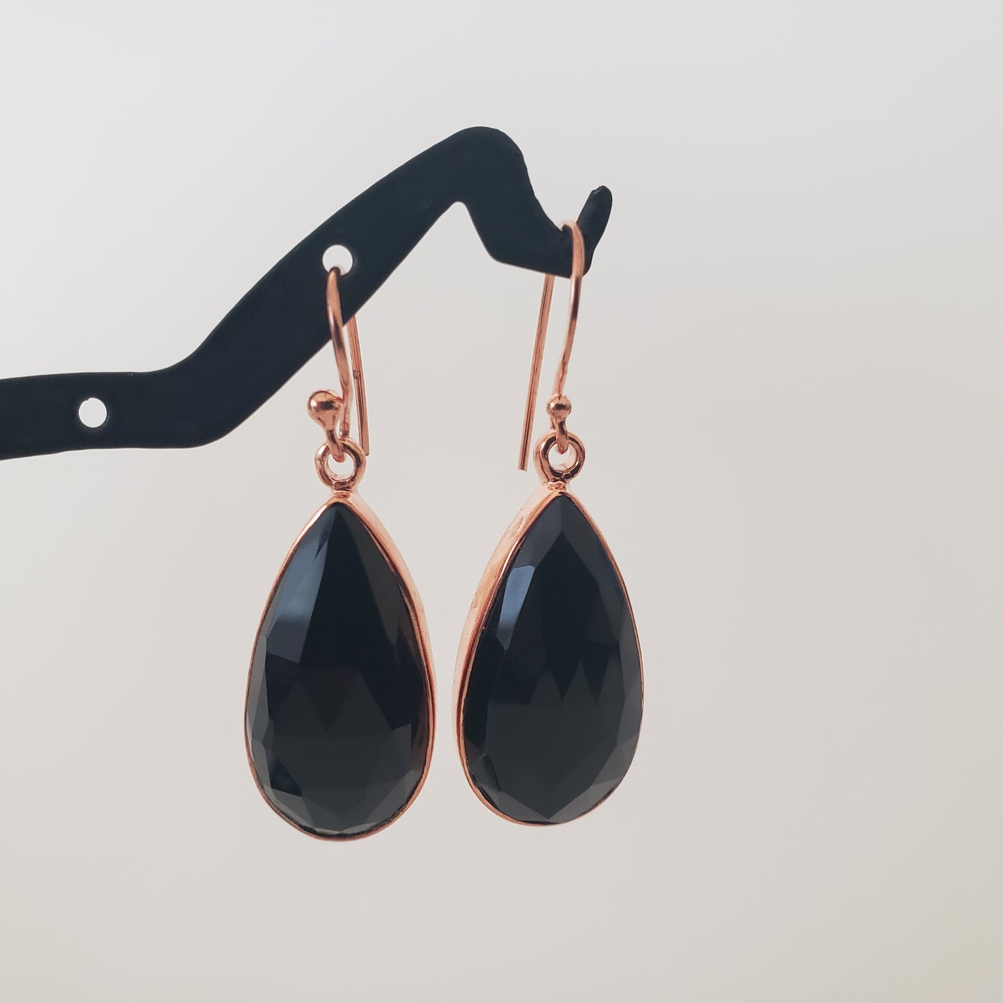 E Earrings, Black Onyx Teardrop, Rose Gold