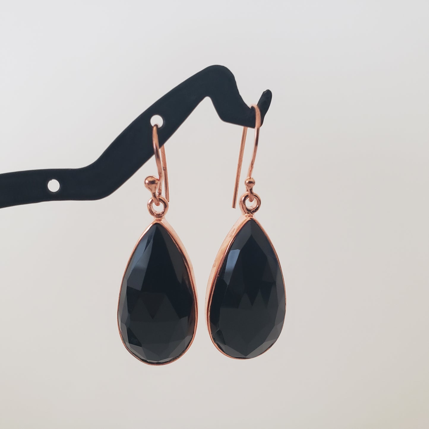 E Earrings, Black Onyx Teardrop, Rose Gold