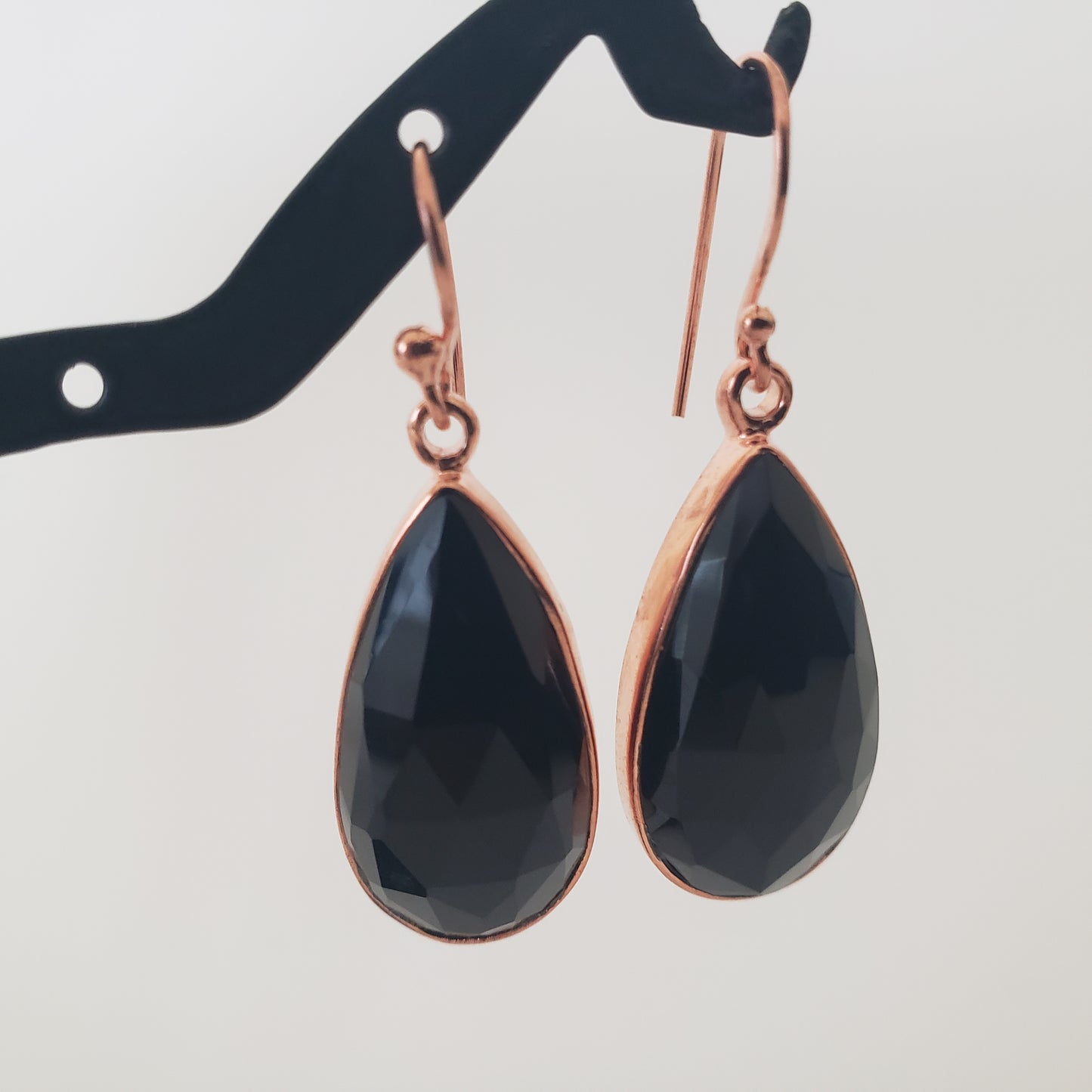 E Earrings, Black Onyx Teardrop, Rose Gold