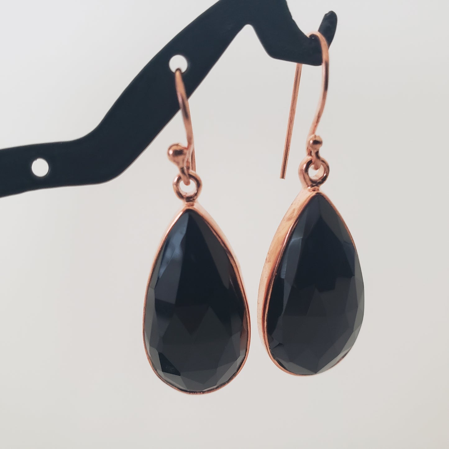 E Earrings, Black Onyx Teardrop, Rose Gold