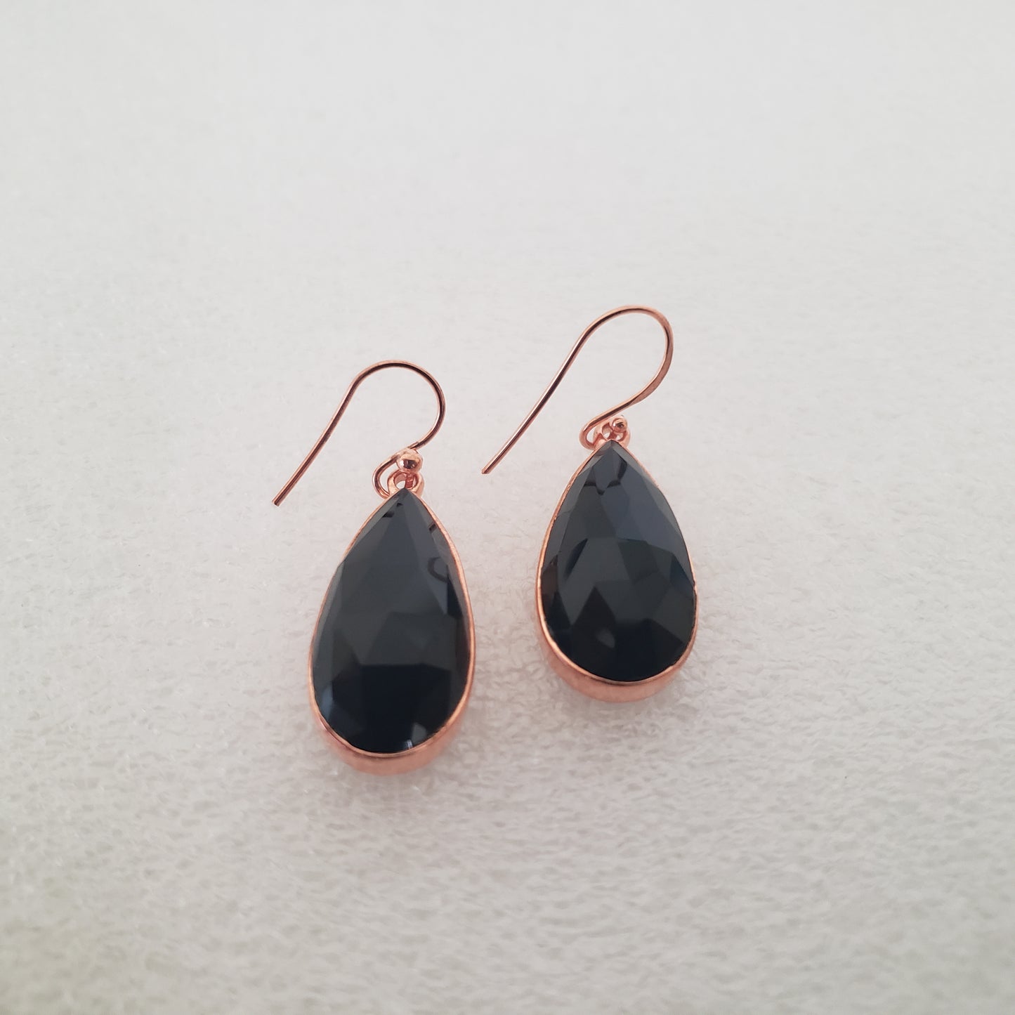 E Earrings, Black Onyx Teardrop, Rose Gold
