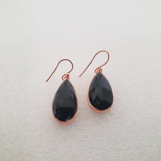 E Earrings, Black Onyx Teardrop, Rose Gold