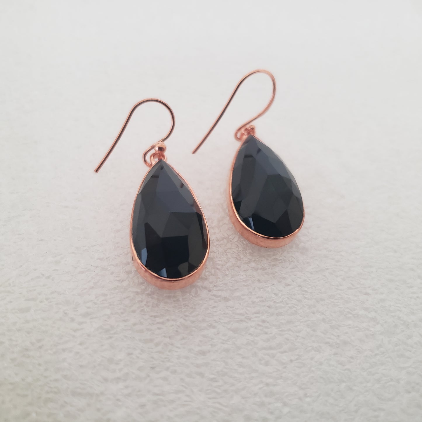 E Earrings, Black Onyx Teardrop, Rose Gold