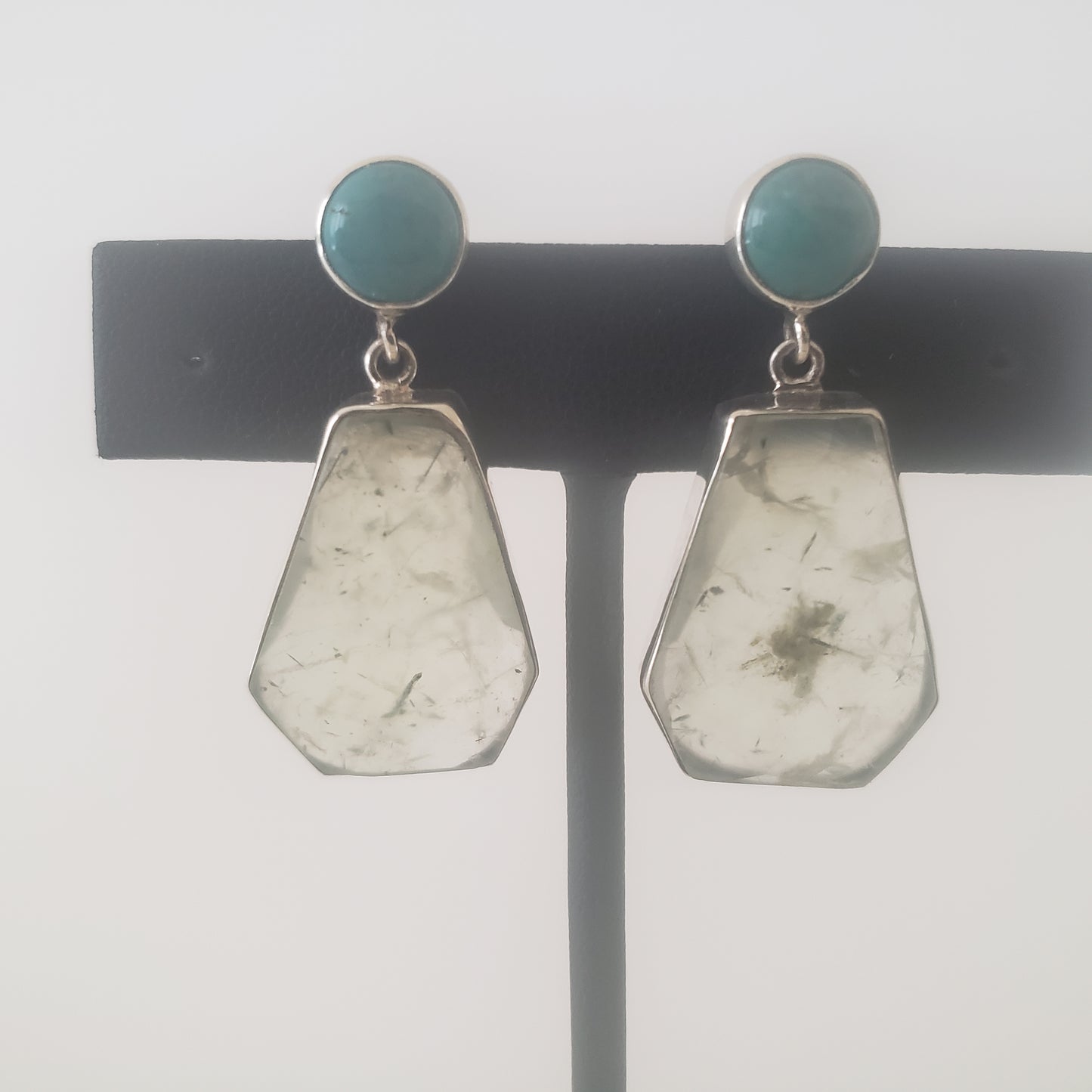 Earrings Post, Turquoise. Prehnite, Sterling Silver