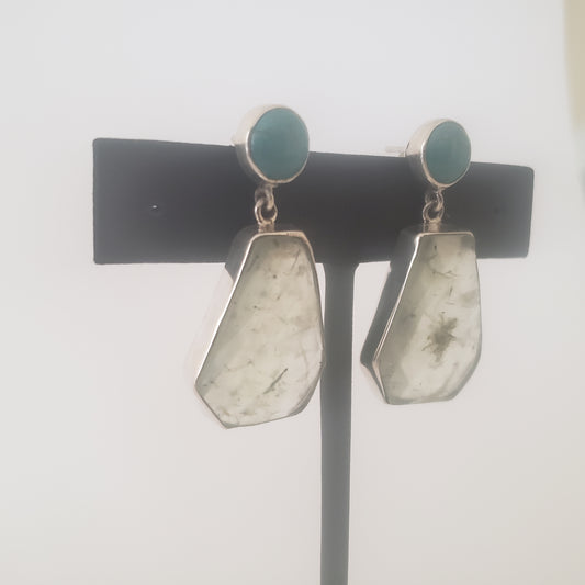 Earrings Post, Turquoise. Prehnite, Sterling Silver