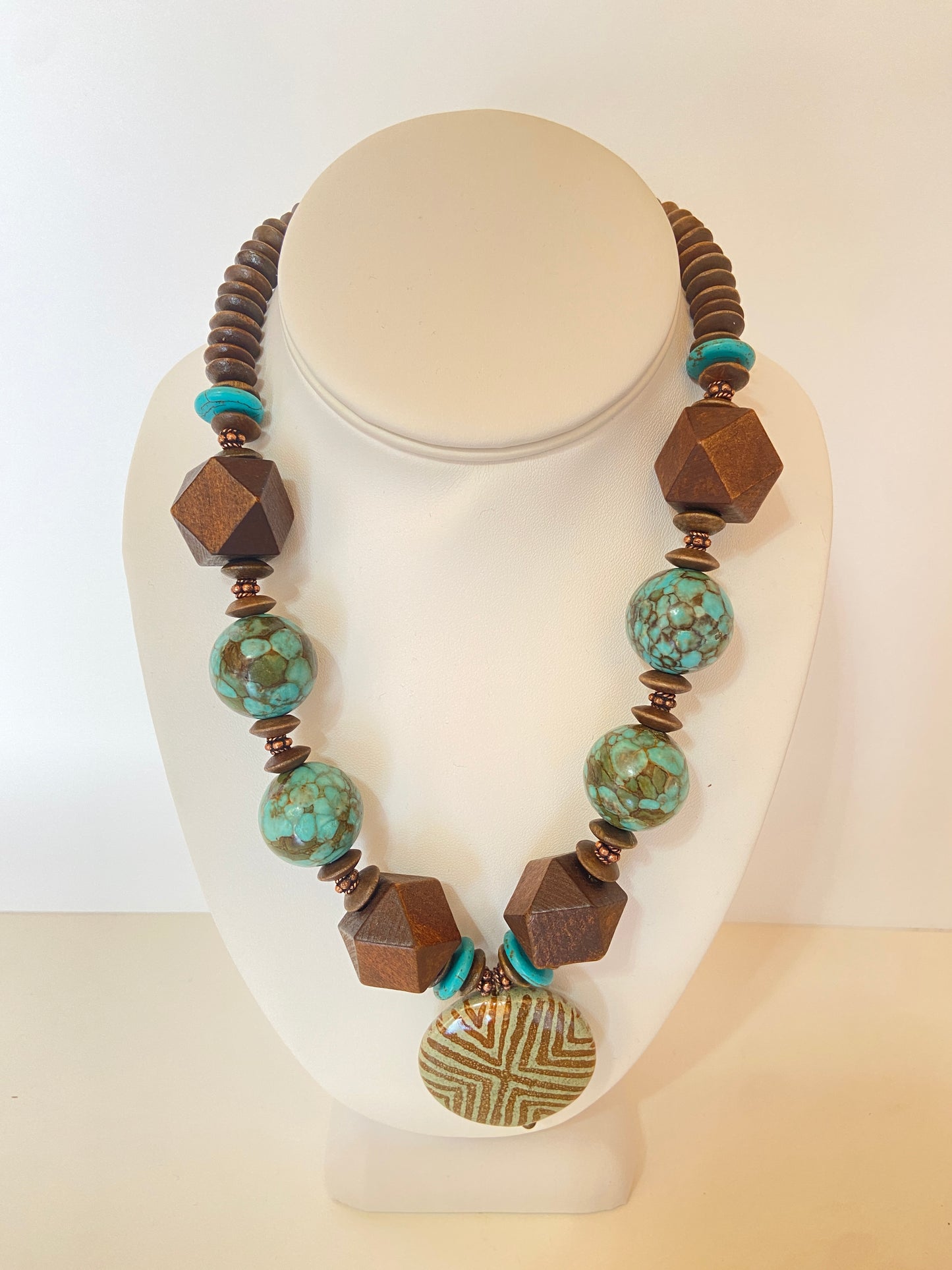 Sold - Mosaic Turquoise and Wood Necklace